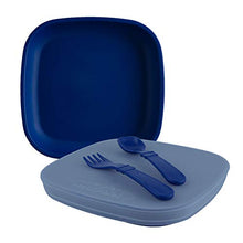 Load image into Gallery viewer, RE-PLAY Made in USA Navy Blue 5 Piece Toddler Feeding Set Includes 2 Deep Flat Plates, Silicone Storage Lid, Utensils - Made from BPA Free Eco-Friendly Recycled Milk Jugs - Virtually Indestructible