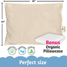 Load image into Gallery viewer, Organic Toddler Pillow & Pillowcase, Made in USA, 13X18, Soft, Hypoallergenic, Safe for Sensitive Skin & Allergies, Sulfate & Cruelty free, Machine Washable. Ideal for travel & daycare
