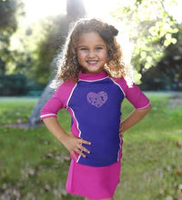 Load image into Gallery viewer, grUVywear Girls Rash Guard Sun Protective UV Swim Shirt & Bikini Swim Skirt Set (Large / 9-10, Peace of My Heart)