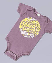 Load image into Gallery viewer, Soul Flower Grateful Not Hateful Organic Cotton Baby Onesie, Purple Girl’s Graphic Short Sleeve Infant Bodysuit