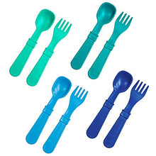 Load image into Gallery viewer, Re-Play Made in USA 8pk Toddler Feeding Utensils Spoon and Fork Set | Eco Friendly Recycled Milk Jugs - Virtually Indestructible | Sky Blue, Aqua, Teal, Navy (True Blue+)