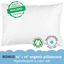 Load image into Gallery viewer, Organic Toddler Pillow & Pillowcase, Made in USA, 13X18, Soft, Hypoallergenic, Safe for Sensitive Skin & Allergies, Sulfate & Cruelty free, Machine Washable. Ideal for travel & daycare