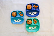 Load image into Gallery viewer, RE-PLAY Made in USA Toddler Feeding Divided Plates with Deep Sides and Three Compartments for Easy Self Feeding | BPA Free | Dishwasher Safe | Aqua, Sky Blue & Navy Blue | True Blue (3pk)