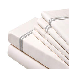 Load image into Gallery viewer, Proudly Made in USA,(6 Pieces Bed Sheet Set), 1000-Thread Count,100% Egyptian Cotton-Giza86- Sateen Weave, Fits Mattress up to 18 inch, (Cal-King-Ivory), Designed with 2 Lines of Royal Grey Velvet