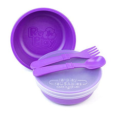 Load image into Gallery viewer, RE-PLAY | Made in USA | 5 Piece Toddler Feeding Set of 2 Wide Base Bowls, Silicone Storage Lid, Utensils | BPA Free | Made from Eco-Friendly Recycled Milk Jugs - Virtually Indestructible | Amethyst
