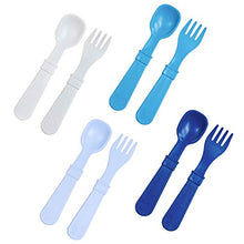 Load image into Gallery viewer, RE-PLAY Made in USA 8pk Toddler Feeding Spoon and Fork Set| Made from BPA Free Eco Friendly Recycled Milk Jugs - Virtually Indestructible | Navy, Ice Blue, Sky Blue & White | Dishwasher Safe |Wave