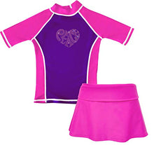 Load image into Gallery viewer, grUVywear Girls Rash Guard Sun Protective UV Swim Shirt & Bikini Swim Skirt Set (Large / 9-10, Peace of My Heart)