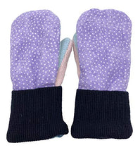 Load image into Gallery viewer, Jack & Mary Designs Handmade Children's Flannel Top Fleece-Lined Wool Mittens for Kids, Made from Recycled Sweaters in the USA (Purple Dots, Small/Medium)