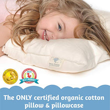 Load image into Gallery viewer, Organic Toddler Pillow & Pillowcase, Made in USA, 13X18, Soft, Hypoallergenic, Safe for Sensitive Skin & Allergies, Sulfate & Cruelty free, Machine Washable. Ideal for travel & daycare
