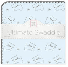 Load image into Gallery viewer, SwaddleDesigns Ultimate Swaddle, X-Large Receiving Blanket, Made in USA, Premium Cotton Flannel, Gray Doggie on Pastel Blue (Mom's Choice Award Winner)
