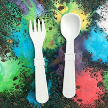 Load image into Gallery viewer, Re-Play Made in USA 8pk Toddler Feeding Utensils Spoon and Fork Set | Eco Friendly Recycled Milk Jugs - Virtually Indestructible | Sky Blue, Aqua, Teal, Navy (True Blue+)