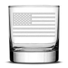Load image into Gallery viewer, Integrity Bottles Premium American Flag Whiskey Glass, Hand Etched Old Glory 10oz Rocks Glass, Made in USA, Highball Gifts, Sand Carved