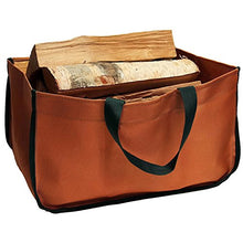 Load image into Gallery viewer, American-made Firewood Tote and Carrier (large size 22" x 12" x 12") (9-14) is made of stylish, super-durable corded poly fabric. Pueblo Brown with FOREST GREEN trim.