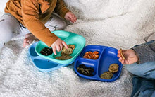 Load image into Gallery viewer, RE-PLAY Made in USA Toddler Feeding Divided Plates with Deep Sides and Three Compartments for Easy Self Feeding | BPA Free | Dishwasher Safe | Aqua, Sky Blue & Navy Blue | True Blue (3pk)