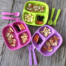 Load image into Gallery viewer, Re-Play Made in The USA Dinnerware Set - 3pk Divided Plates with Matching Utensils Set (Butterfly)