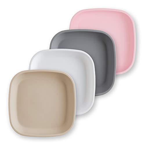 RE-PLAY Made in USA 4pk of Deep Walled Plates in Ice Pink, Sand, White, Grey| Eco Friendly Heavyweight Recycled Polypropylene | BPA Free Non Toxic | New Naturals Collection (Seashell+)