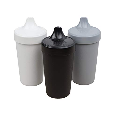 Re-Play Made in USA 3pk No Spill Sippy Cups for Baby, Toddler, and Child Feeding in Black, White and Grey | Made from Eco Friendly Recycled Milk Jugs - Virtually Indestructible (Monochrome)