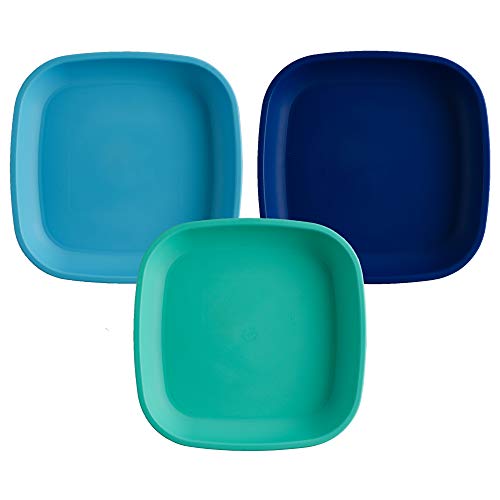 RE-PLAY Made in USA Deep Walled Flat Plates | Made from Eco Friendly Heavyweight Recycled Plastic | Dishwasher & Microwave Safe | BPA Free | Sky Blue, Aqua & Navy | True Blue (3pk)