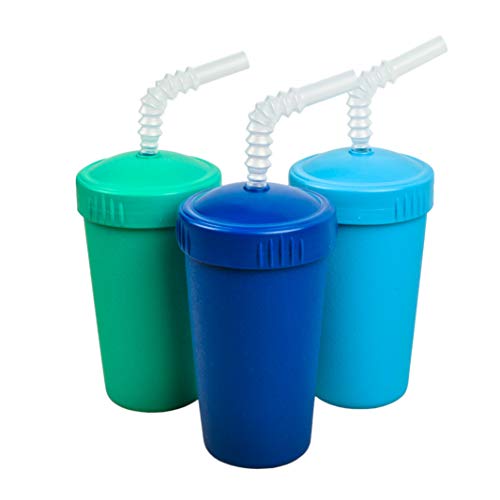 Re-Play Made in USA 3pk - 10 oz. Straw Cups with Reversible Straw | BPA Free Eco-Friendly Recycled Milk Jugs - Virtually Indestructible | Aqua, Sky Blue, Navy | (True Blue)