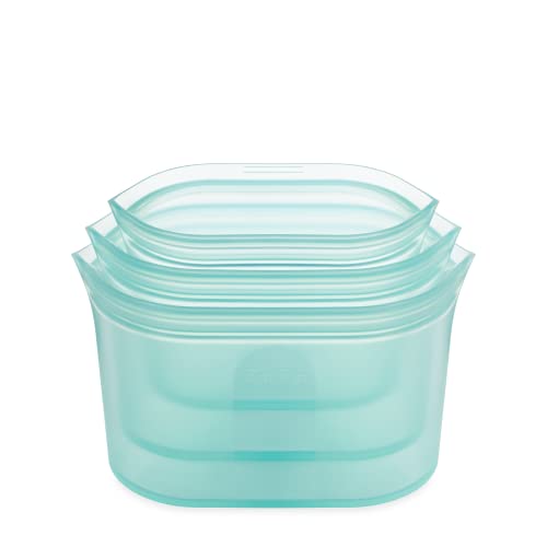 Zip Top Reusable 100% Silicone Food Storage Bags and Containers, Made in the USA - 3 Dish Set - Teal