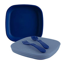 Load image into Gallery viewer, RE-PLAY Made in USA Navy Blue 5 Piece Toddler Feeding Set Includes 2 Deep Flat Plates, Silicone Storage Lid, Utensils - Made from BPA Free Eco-Friendly Recycled Milk Jugs - Virtually Indestructible
