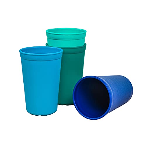 Re-Play 4pk - 10oz. Drinking Cups | Made in USA from Eco Friendly Heavyweight Recycled Milk Jugs - Virtually Indestructible | for All Ages | Aqua, Sky Blue, Navy, Teal | True Blue+