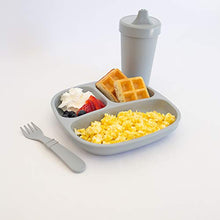 Load image into Gallery viewer, Re-Play Made in The USA Toddler Diner Set | Divided Plate, No Spill Sippy Cup, Utensil Set | Eco Friendly Heavyweight Recycled Milk Jugs - Virtually Indestructible | Grey
