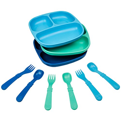 Re-Play Made in The USA Dinnerware Set - 3pk Divided Plates with Matching Utensils Set (True Blue)