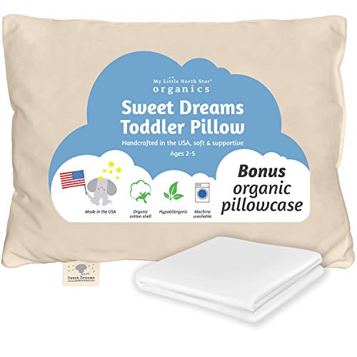 Organic Toddler Pillow & Pillowcase, Made in USA, 13X18, Soft, Hypoallergenic, Safe for Sensitive Skin & Allergies, Sulfate & Cruelty free, Machine Washable. Ideal for travel & daycare