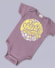 Load image into Gallery viewer, Soul Flower Grateful Not Hateful Organic Cotton Baby Onesie, Purple Girl’s Graphic Short Sleeve Infant Bodysuit

