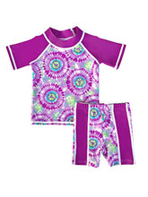Load image into Gallery viewer, grUVywear Baby | Toddler Girl Rash Guard UV 2 Piece Sun Protection Swimsuit Set - Hippie Peace | 0-6 Months
