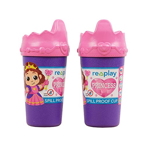 Re-Play Made in USA 2pk PRINCESS No Spill Sippy Cups | 1 Piece Silicone Easy Clean Valve | Eco Friendly Heavyweight Recycled Milk Jugs are Virtually Indestructible | Specialty Crown Lid
