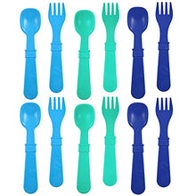 Load image into Gallery viewer, RE-PLAY Made in The USA Fork and Spoon Utensil Set for Easy Baby, Toddler, and Child Feeding in Sky Blue, Aqua and Navy Blue | Made from Eco Friendly Recycled Milk Jugs | BPA FREE| True Blue (12pk)

