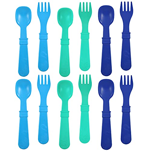 RE-PLAY Made in The USA Fork and Spoon Utensil Set for Easy Baby, Toddler, and Child Feeding in Sky Blue, Aqua and Navy Blue | Made from Eco Friendly Recycled Milk Jugs | BPA FREE| True Blue (12pk)