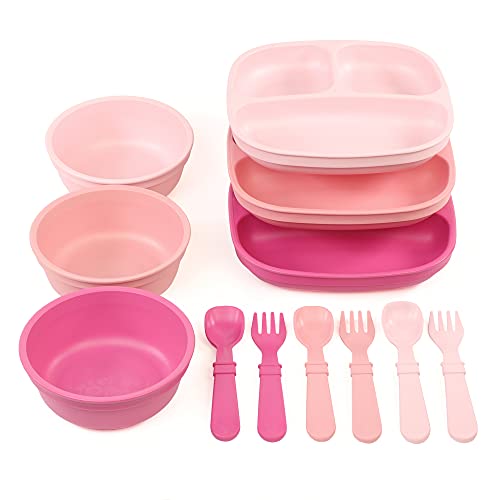 RE-PLAY | Made in USA | 3 Meals a Day Set | 3 Divided Plates, 3 Wide Base Bowls, 3 Sets of Utensils | BPA Free | Made from Eco-Friendly Recycled Milk Jugs | Hues Collection | (Azalea)