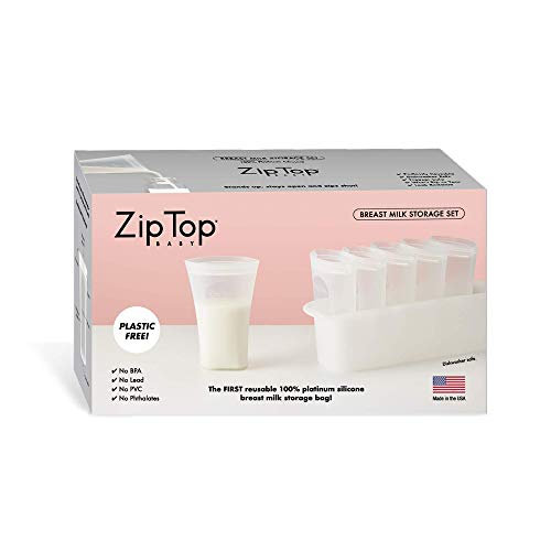 Zip Top Reusable 100% Platinum Silicone Breast Milk Storage Bag Set of 6 + Freezer Tray
