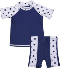 Load image into Gallery viewer, grUVywear Baby Boy Rash Guard Set - UV Shirt and Shorts - Sun Protective Swimwear Navy Star Set -18-24M
