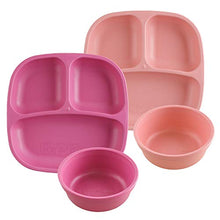 Load image into Gallery viewer, Re-Play Made in USA 4pk Starter Dining Set of 2 Divided Plates with 2 Matching Bowls in Bright Pink and Blush. Made from Eco Friendly Heavyweight Recycled Milk Jugs - Virtually Indestructible!

