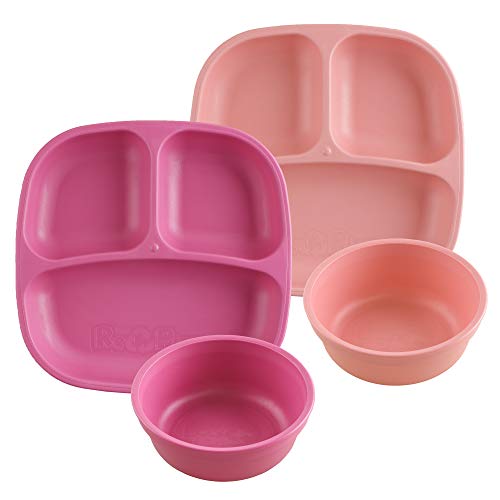 Re-Play Made in USA 4pk Starter Dining Set of 2 Divided Plates with 2 Matching Bowls in Bright Pink and Blush. Made from Eco Friendly Heavyweight Recycled Milk Jugs - Virtually Indestructible!