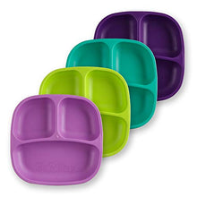 Load image into Gallery viewer, Re-Play 4pk - 7.37&quot; Divided Plates with Deep Sides for Baby, Toddler &amp; Child Feeding in Purple, Lime, Aqua &amp; Amethyst | BPA Free | Made in USA from Eco Friendly Recycled Milk Jugs | (Mermaid 4pk)
