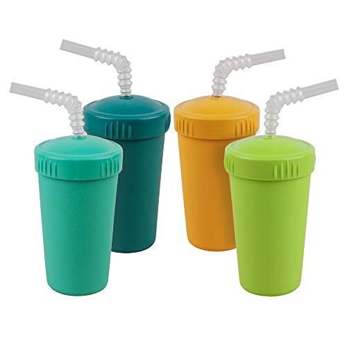 Re-Play Made in USA 4pk Straw Cups with Reversible Straws| Made from Eco Friendly Heavyweight Recycled Milk Jugs - Virtually Indestructible | Aqua, Sunny Yellow, Teal and Lime Green | Aqua Asst (4pk)