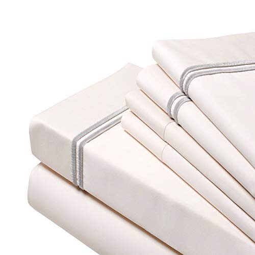 Proudly Made in USA,(6 Pieces Bed Sheet Set), 1000-Thread Count,100% Egyptian Cotton-Giza86- Sateen Weave, Fits Mattress up to 18 inch, (Cal-King-Ivory), Designed with 2 Lines of Royal Grey Velvet