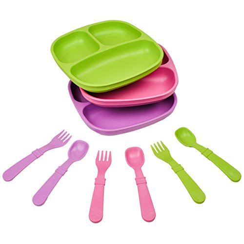 Re-Play Made in The USA Dinnerware Set - 3pk Divided Plates with Matching Utensils Set (Butterfly)