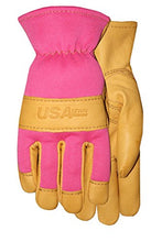 Load image into Gallery viewer, American Made Goatskin Leather Work or Garden Gloves with Leather Palm and Pink Spandex, 157P2, Size: 8
