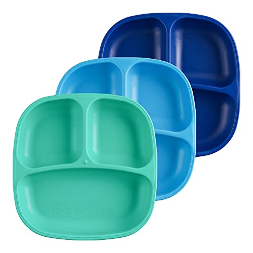 RE-PLAY Made in USA Toddler Feeding Divided Plates with Deep Sides and Three Compartments for Easy Self Feeding | BPA Free | Dishwasher Safe | Aqua, Sky Blue & Navy Blue | True Blue (3pk)