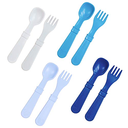 RE-PLAY Made in USA 8pk Toddler Feeding Spoon and Fork Set| Made from BPA Free Eco Friendly Recycled Milk Jugs - Virtually Indestructible | Navy, Ice Blue, Sky Blue & White | Dishwasher Safe |Wave