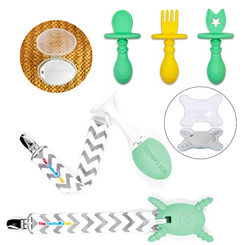 The Teething Egg - Official Product, Made in The USA – 6 Product Bundle with Mint Egg, Mint Molar Magician, Mint & Yellow Eggware Utensils Feeding Set, Grippie Stick, Egg Shell & Molar Shell