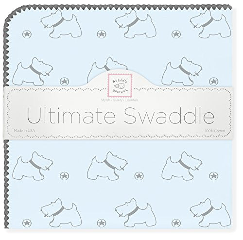 SwaddleDesigns Ultimate Swaddle, X-Large Receiving Blanket, Made in USA, Premium Cotton Flannel, Gray Doggie on Pastel Blue (Mom's Choice Award Winner)