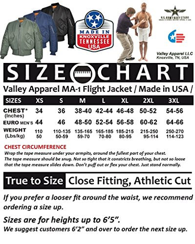 Valley Apparel LLC Made in USA Men's MA-1 Nylon Flight Jacket,