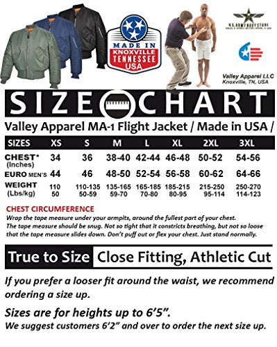 Valley Apparel LLC Made in USA Men's MA-1 Nylon Flight Jacket, Replica Blue  (True Navy), XS